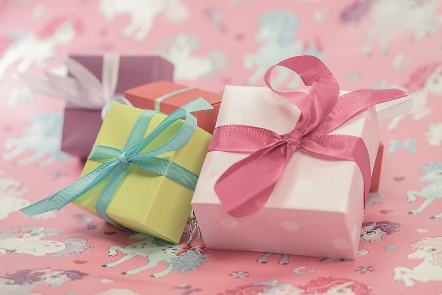 four, assorted-color gift boxes, pink, surface, gift, made, package, loop, packet loop, christmas