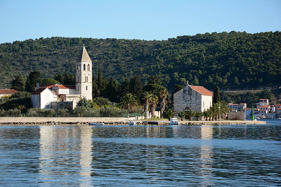 iglesia, cuerpo, agua, isla, croacia, dalmacia, mediterráneo, arquitectura, destino, histórico