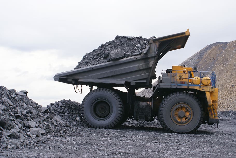 amarelo, cinza, caminhão de transporte, carregando, areia, solo, Dumper, mineração de carvão, carvão, proporções gigantescas