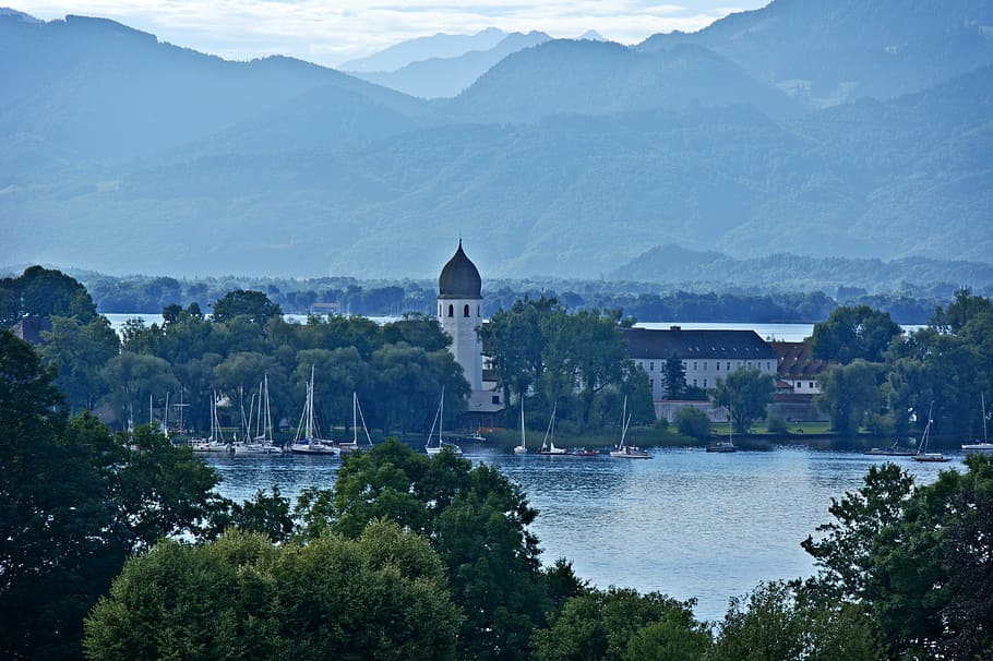 Paisaje, Baviera, Chiemgau, Chiemsee, isla de damas, agua, lago, Alemania, naturaleza, vista