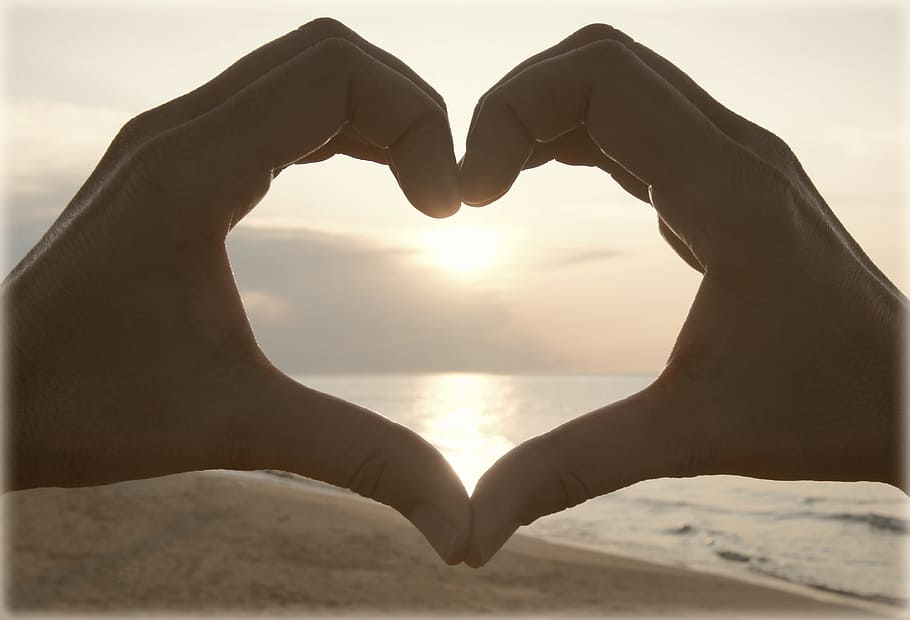 person, forming, heart, hands, seashore, sunset, beach, ocean, sea, love