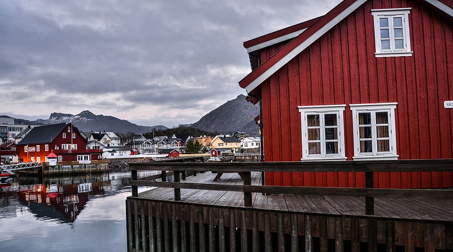 red, white, house, grey, calm, body, water, daytime, Lofoten, Norway