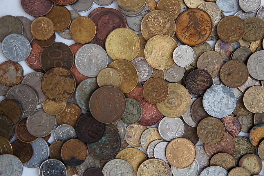 coins, handful, russia, ruble, kopek, money, the soviet union, large group of objects, full frame, coin