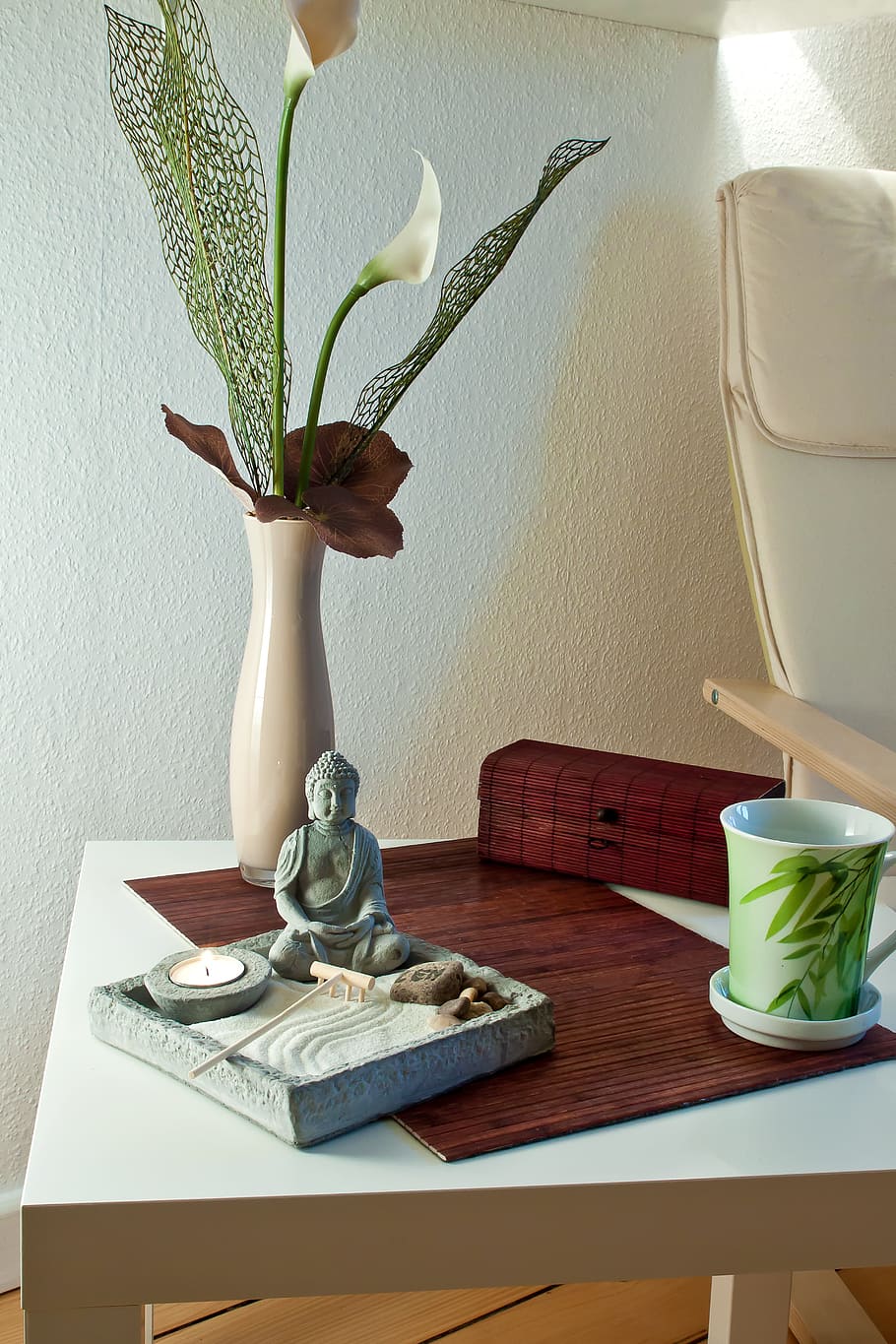 vase, leaf, table, buddha, religion, relaxation, buddhism, meditation, spiritual, meditate