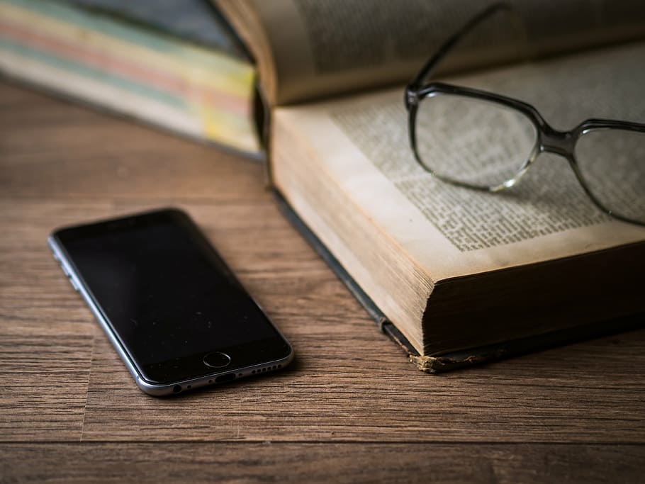 space, gray, iphone 6, eyeglasses, book, phone, screen, technology, mobile, internet