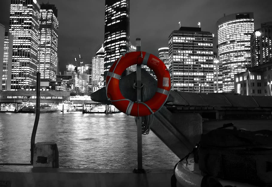 red, white, inflatable, swim, ring, lifesaver, safety buoy, life-saver, city, night
