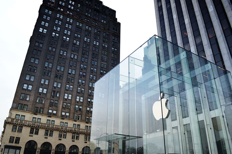glass apple company building, high, rise building, white, sky, glass, Apple company, high rise building, white sky, newyork