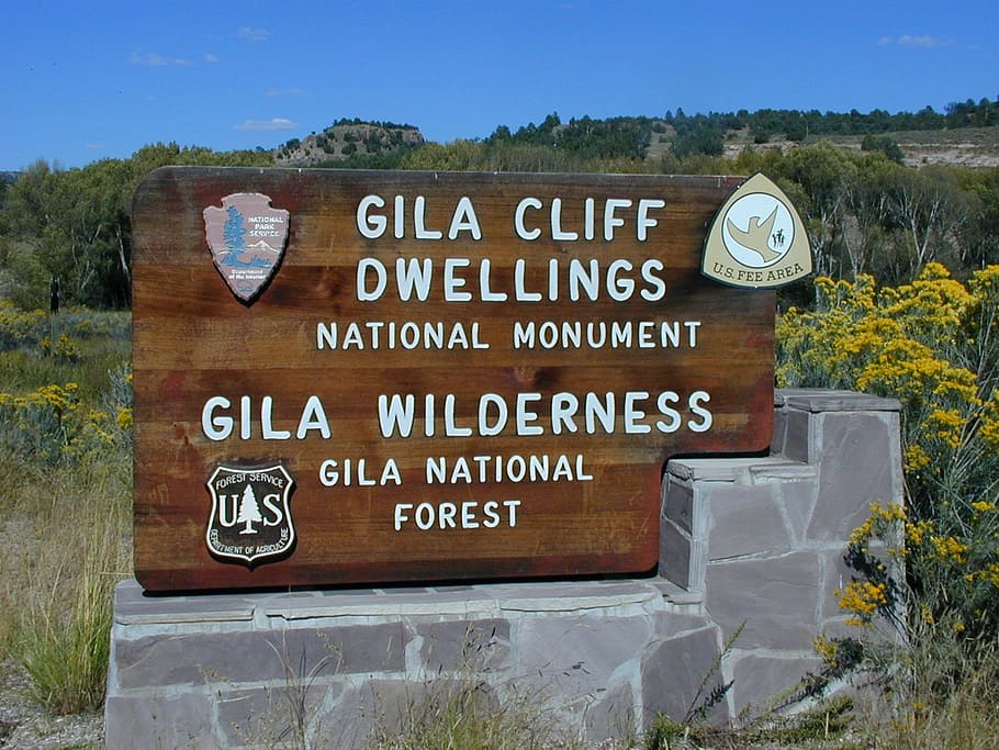 gila cliff dwellings, gila wilderness, input, shield, usa, sign, communication, text, western script, plant