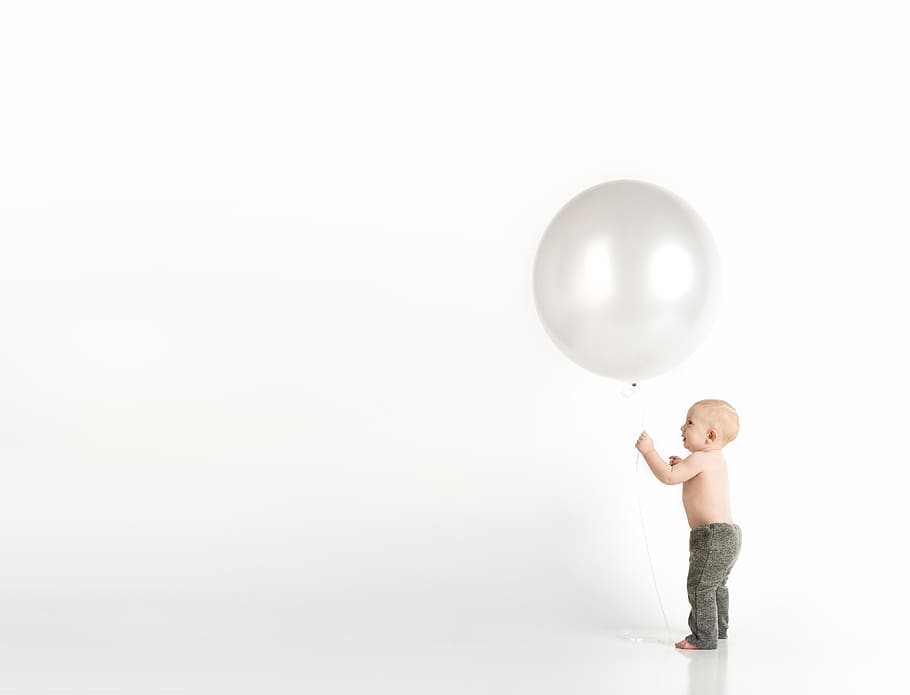 balloons, child, baby, minimalist, white background, cute, portrait, holding, balloon, one person
