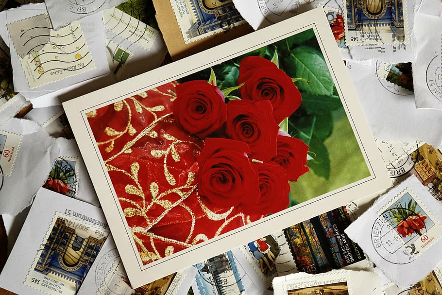 postage stamps, post, leave, postcard, porto, valentine's day, wedding day, greeting card, roses, pen