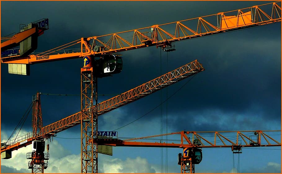 orange, crane, sky, site, build, baukran, lift loads, crane arm, last, arm