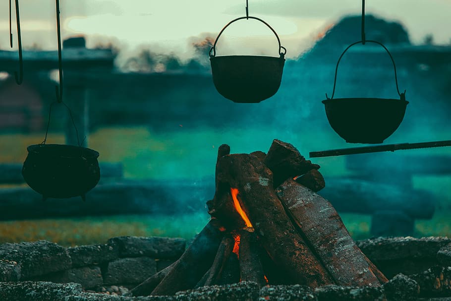 kettle, fire, firewood, cooking, camping, field, adventure, outdoor, smoke, wood