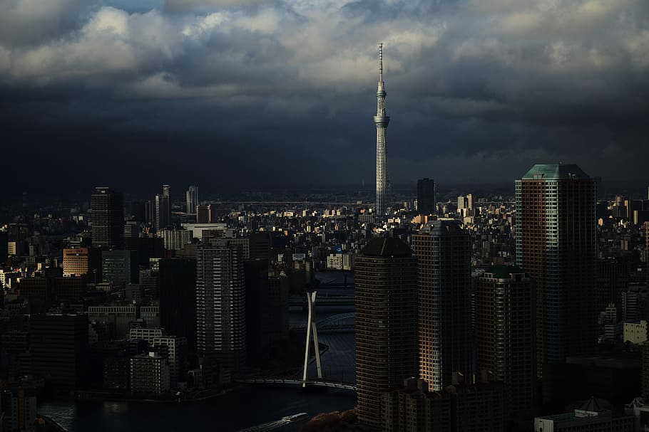 fotografía de paisaje, torre, nublado, cielo, árbol del cielo de Tokio, apartamento de gran altura, primavera, tormenta, arquitectura, paisaje urbano