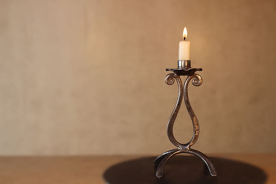 candlestick, pattern, forging, candle, flame, burning, indoors, fire, wall - building feature, table