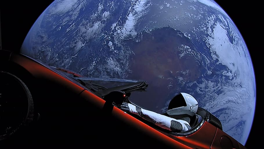Falcon Heavy, Demo, Mission, astronaut, driving, convertible, coupe, outer, space, mode of transportation