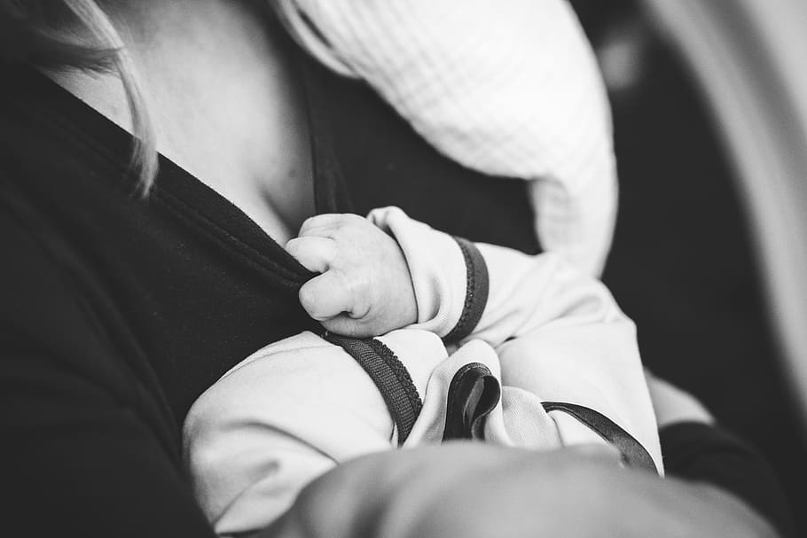 grayscale photography, baby, holding, mother, shirt, woman, people, kid, child, infant