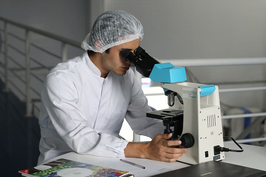 man, white, long-sleeved, shirt, using, microscope, scientist, drugstore, chemistry, chemical