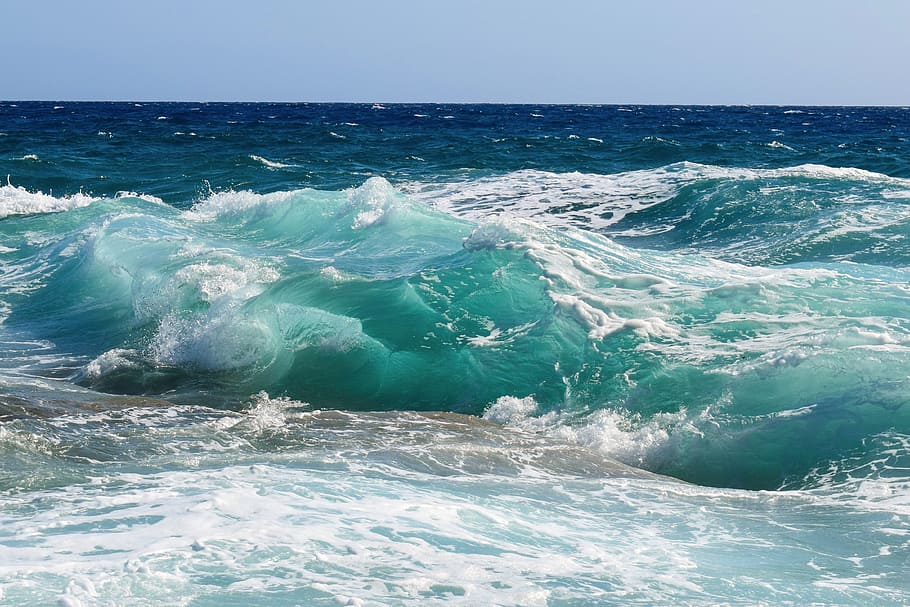 sea waves, daytime, wave, transparent, turquoise, smashing, wind, nature, seascape, power