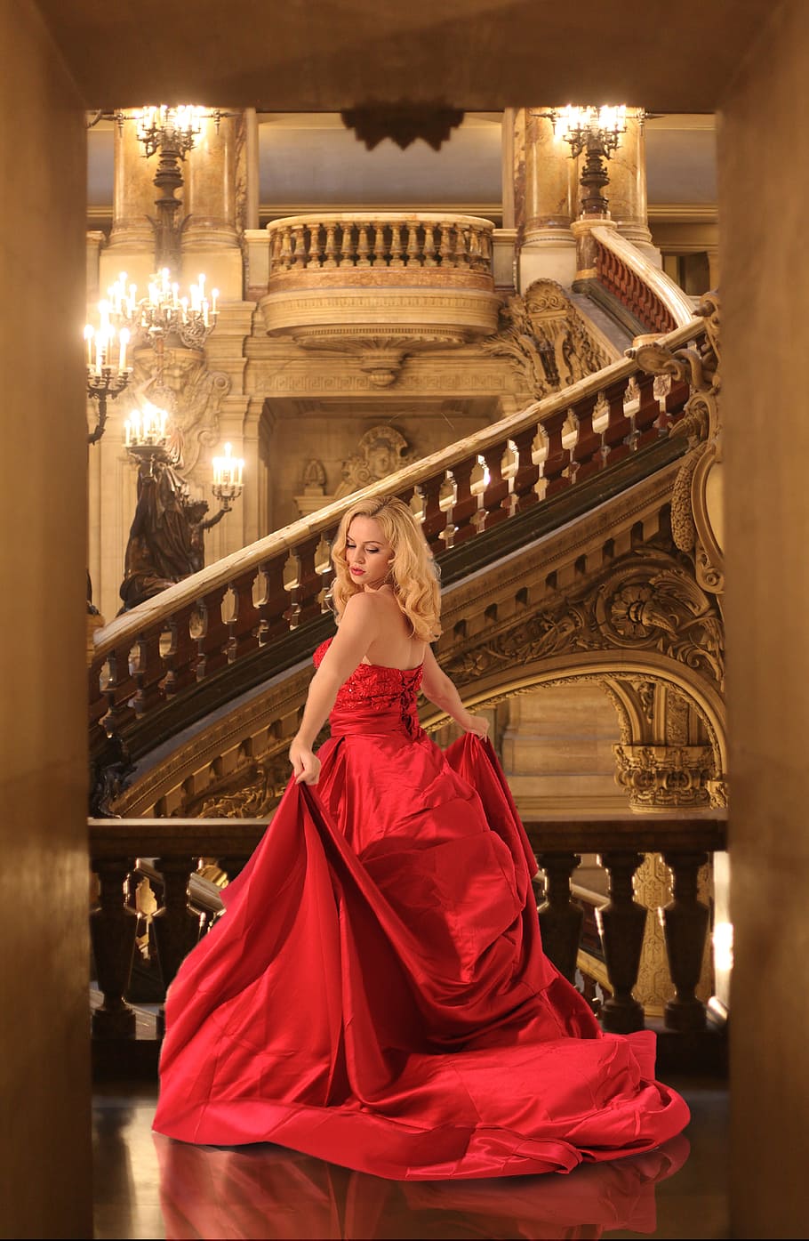 woman, red, strapless gown, walking, stairs, woman in red, strapless, gown, beauty, women