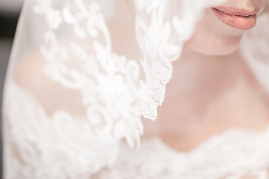 people, girl, dress, gown, wedding, bride, veil, lace, lips, one person