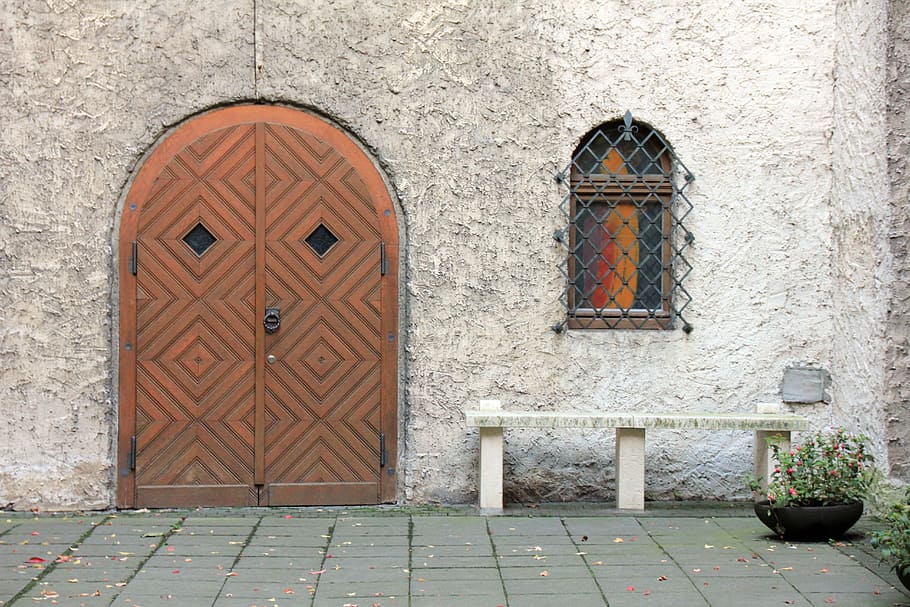 closed, brown, wooden, door, white, concrete, bench, building, home, monastery