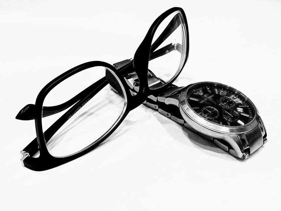 wayfarer eyeglasses, round silver-colored chronograph, watch, link bracelet, black and white, education, eye glasses, eyeglasses, office, reading glasses