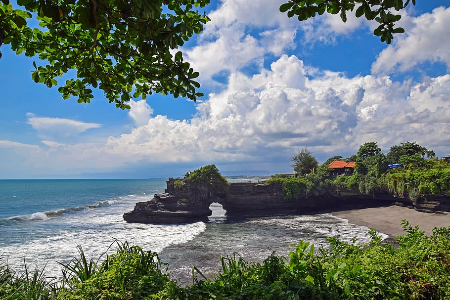 brown, house, cliff, body, water, Bali, Indonesia, Travel, Temple, tanah lot
