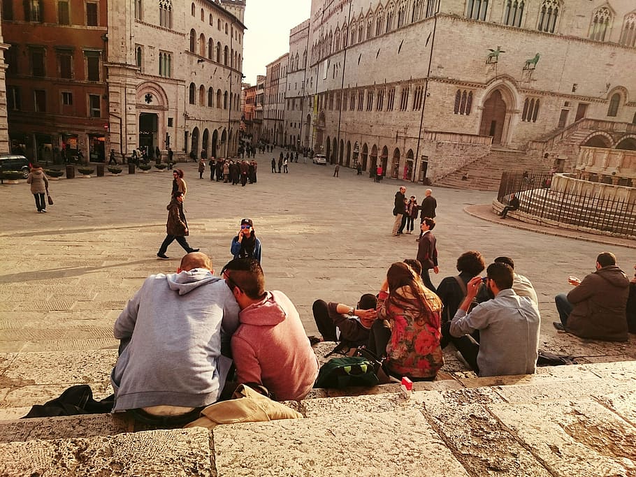 people, sitting, stair, building, daytime, perugia, scalinata, steps, umbria, italy