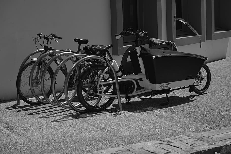sepeda, baja, taman, hitam dan putih, trotoar, batu bata, di luar, olahraga, bagasi, dinding
