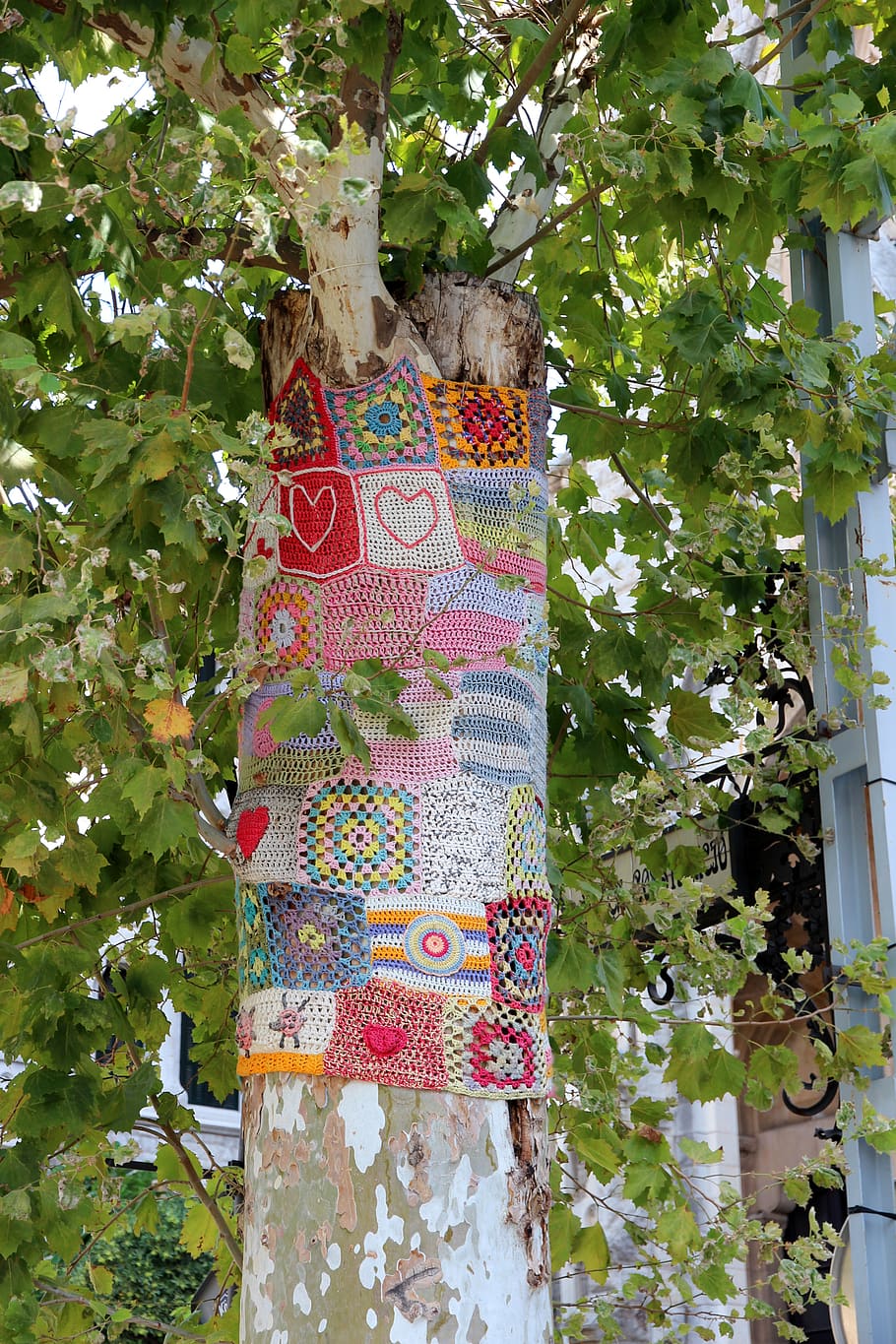 tree, knit, crochet, embroidered, colorful, street art, nature, tree decoration, knitting, craft
