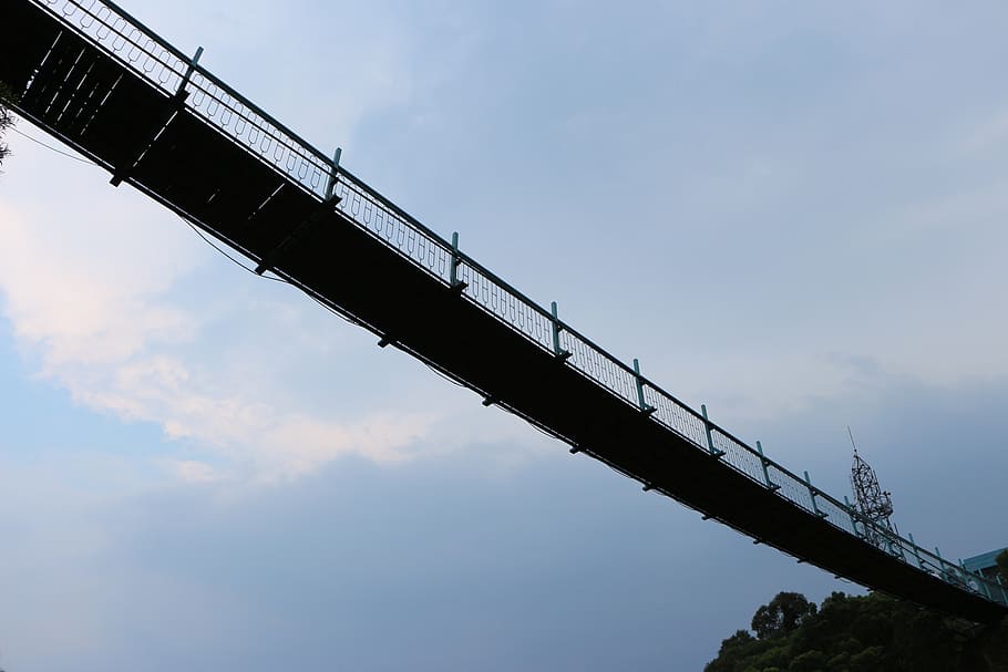 ropeway, steel bridges, bridge, sky, low angle view, architecture, cloud - sky, transportation, connection, built structure