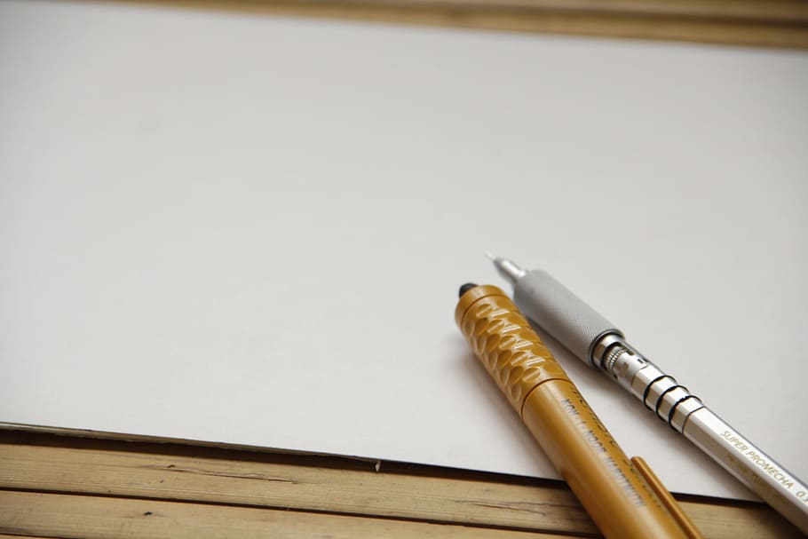 gold-colored, silver-colored pens, white, surface, Creative, Mockup, Creativity, art, artistic, design
