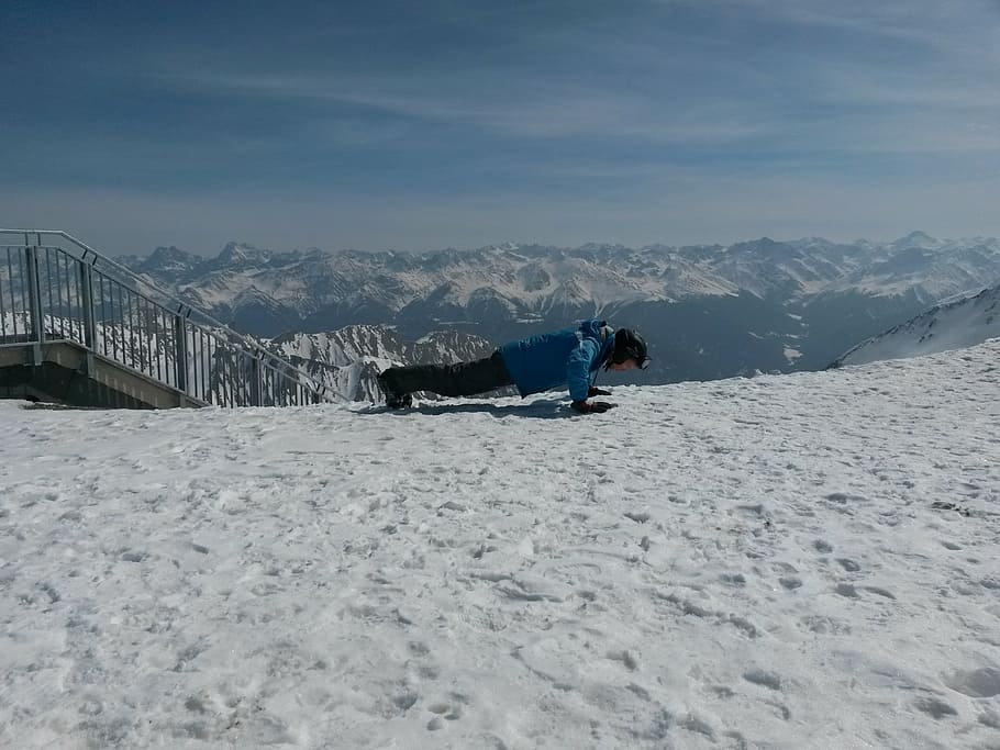 pushups, skiers, ski area, sporty, snow, cold, winter, mountain, outdoors, sport