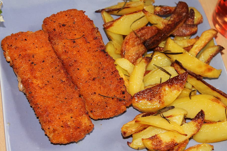 closeup, photography, cooked, food, Fish Fingers, Fried Potatoes, Fried Fish, deep fried, country potatoes, wedges