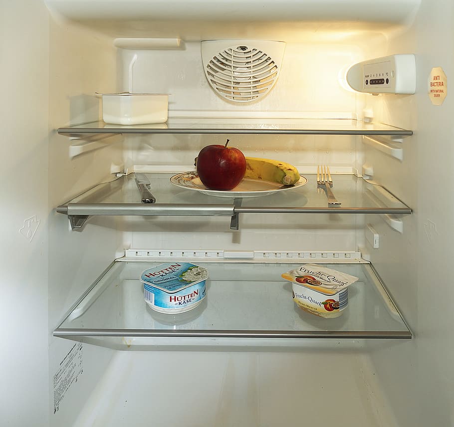 casi tiempo, ayuno, refrigerador, manzana, plátano, vacío, hambre, resuelto, comida, comida y bebida