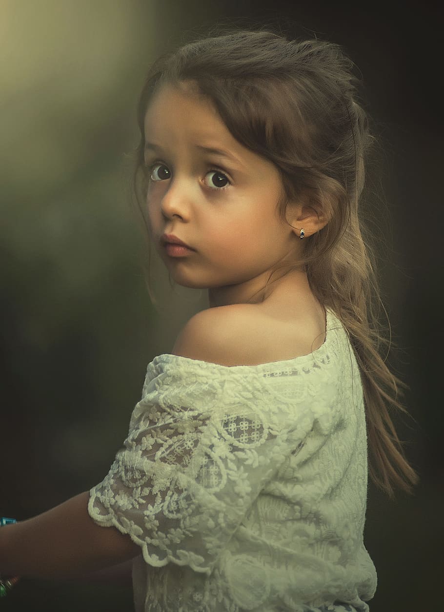 girl, white, crew-neck, top, child, sight, eyes, summer, people, little
