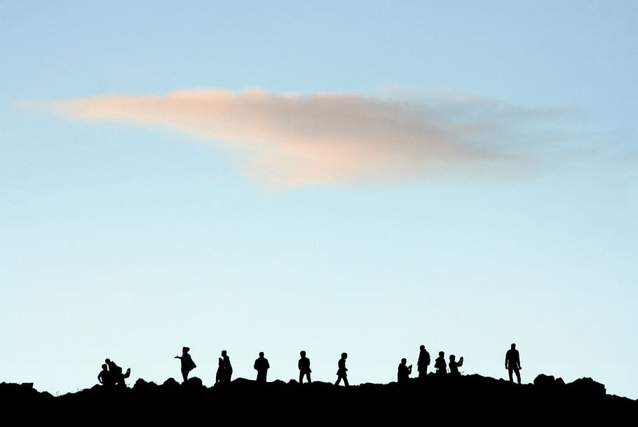silhouette, people, top, hill, day, time, nature, landscape, sky, clouds