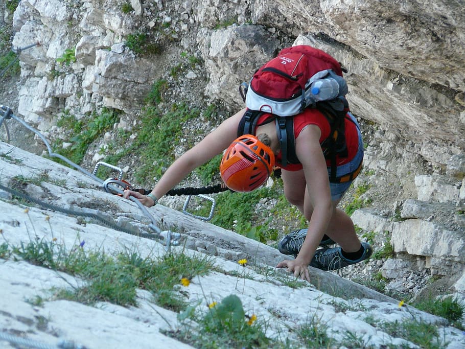 person climbs mountain, steep, descent, climb, climbing, climber, bergtour, tour, risk, hike