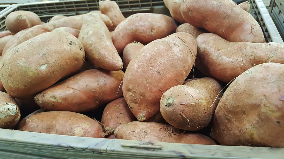 sweet, potatoes, gray, crates, sweet potatoes, food, grocery, tuber, root vegetable, harvest