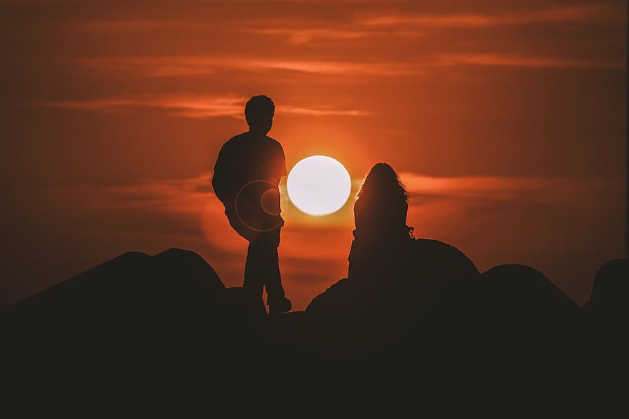 foto de silhueta, homem, mulher, topo, montanha, Pôr do sol, vista, silhueta, pessoas, casal