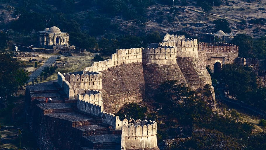 foto del paisaje, hormigón, pared, kumbhalgarh, fuerte, arquitectura, india, rajastán, antiguo, asia
