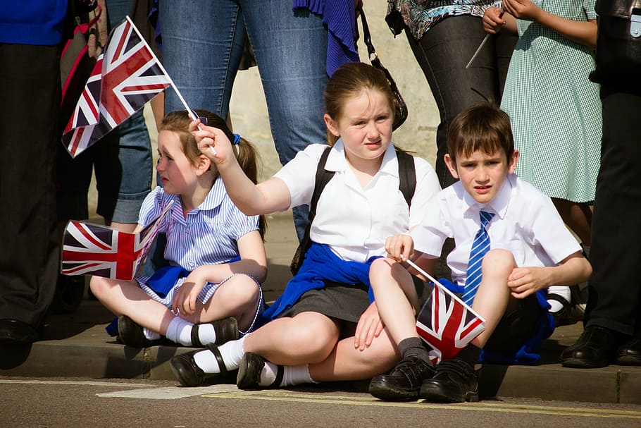 children, union jack, union flag, sitting, road, street, waving, royal, kingdom, united