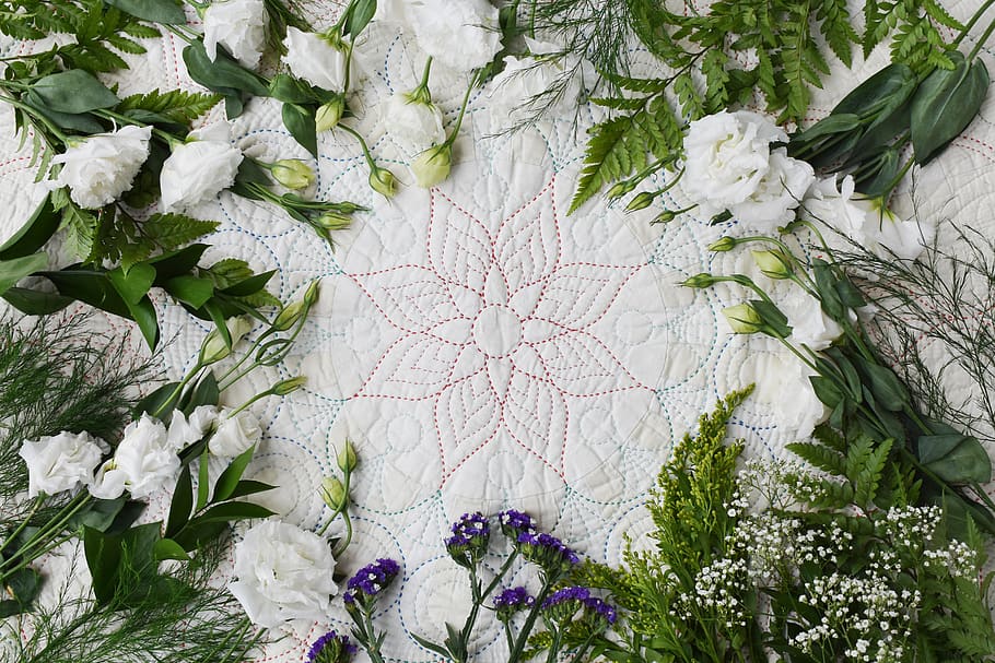 background, flowers, sewing, embroidery, stitch, white, white flowers, frame, bouquet, greens