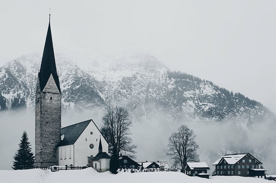 church, houses, winter, mountain, highland, cloud, fog, summit, ridge, landscape