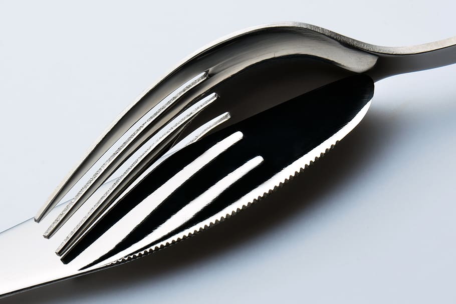 fork, knife, shadow, light, metal, light and shadow, contrast, black, white, black and white