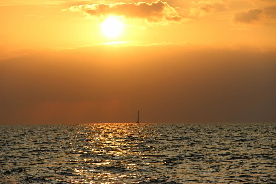 Matahari Terbenam, Berlayar, Laut, Kapal, Malam, Langit, langit malam, kapal pesiar, danau, kapal layar