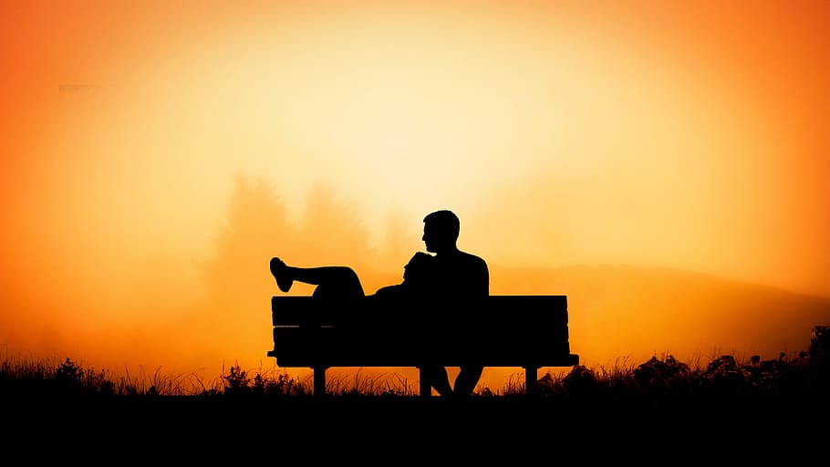 silhouette, man, woman, sitting, bench, sunset, dawn, backlit, dusk, couple