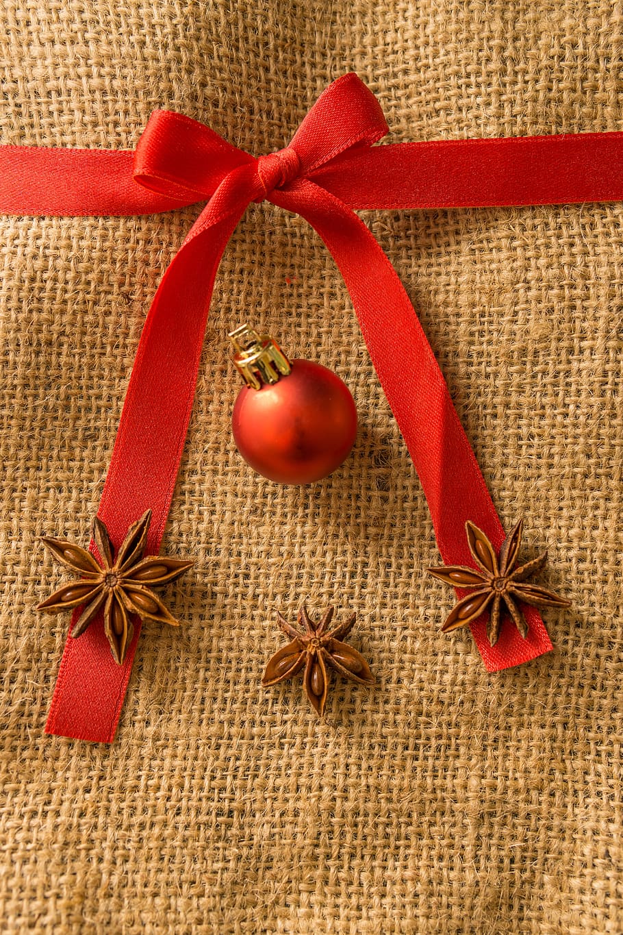 christmas, star anise, loop, red, ball, yurt fabric, still life, advent, anise, deco