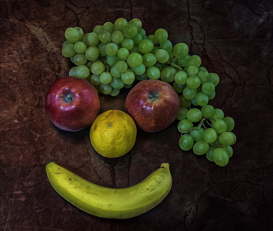 赤, リンゴ, 丸い, 黄色, 果物, 緑, ブドウ, バナナ, 形成, 顔