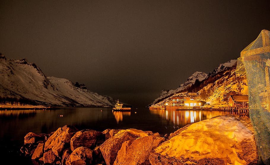 boat, middle, body, water, dock, Norway, Port, Fjord, Night, arctic circle